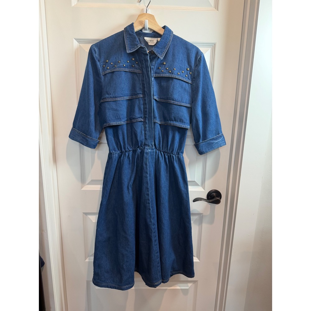 Halmode Petites Vintage Blue Denim Studded Western Shirt Dress Elastic Waist M